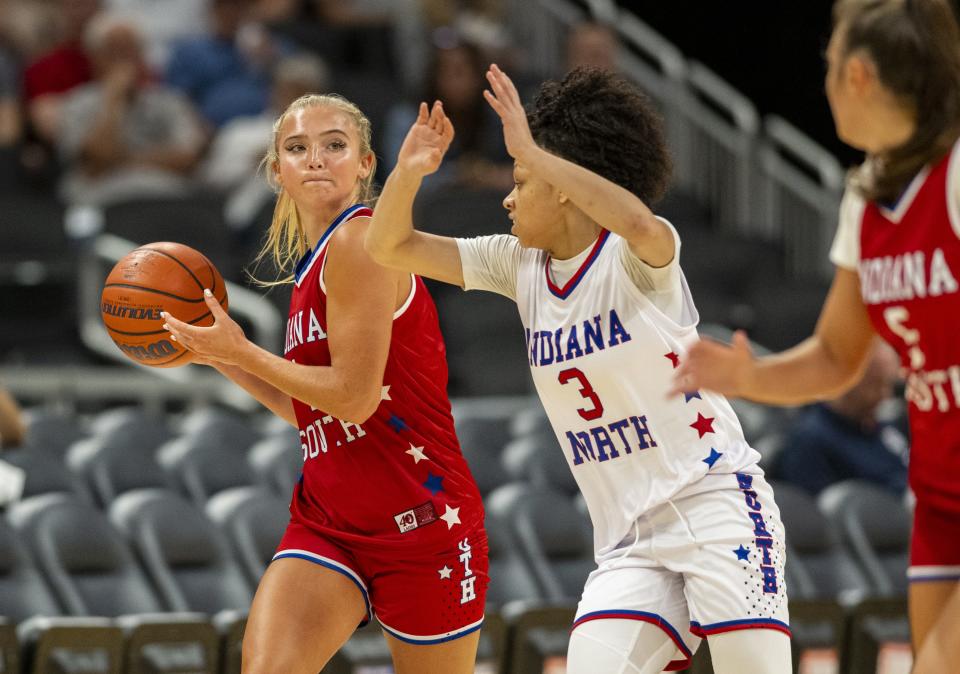 Bedford North Lawrence's Chloe Spreen (4) looks to pass against FW Snider's Jordyn Poole (3) during the Indiana High School Future All-Stars basketball game.