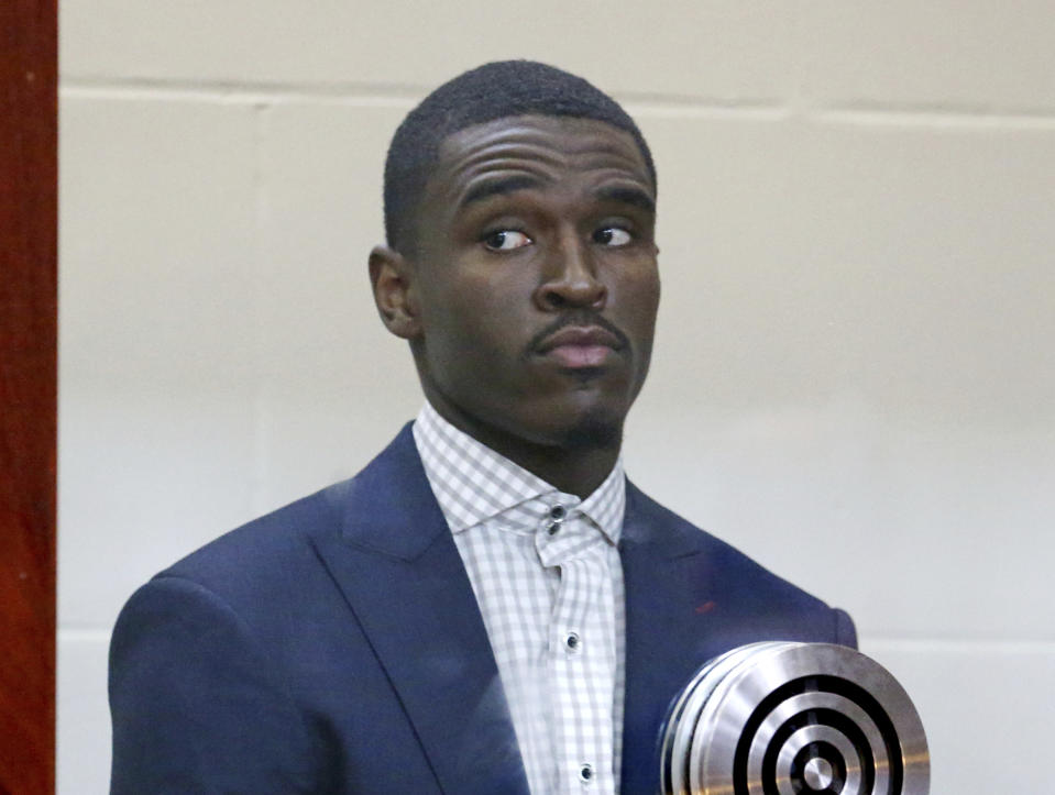 Boston Celtics guard Jabari Bird appears for his arraignment on domestic violence charges at Brighton Municipal Court, Thursday, Sept. 13, 2018 in Boston. Prosecutors say Bird choked his girlfriend multiple times, kicked her and prevented her from leaving his apartment for hours last week before he collapsed in distress.(Angela Rowlings /The Boston Herald via AP, Pool)