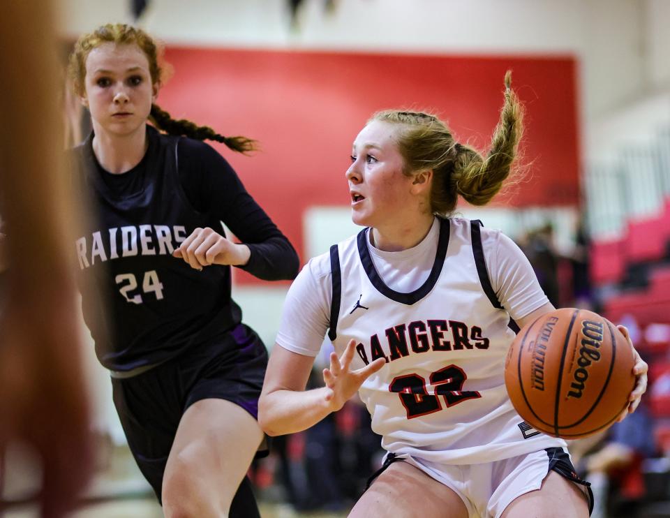 Sayler Bourland, right, drives the baseline for Vista Ridge against Cedar Ridge and Noelle Raggio during District 25-6A action Friday at Vista Ridge High School. Vista Ridge closed out the game with a strong fourth quarter to win 44-33 over visiting Cedar Ridge.