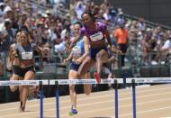 FILE PHOTO: Jun 25, 2017; Sacramento, CA, USA; Dalilah Muhammad wins the women's 400m hurdles in 52.64 during the USA Track and Field Championships at Hornet Stadium. Mandatory Credit: Kirby Lee-USA TODAY Sports