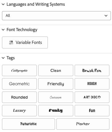 different font style options within Adobe fonts