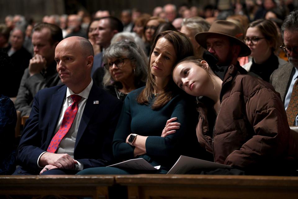 Utah Gov. Spencer Cox, his wife, Abby Cox, and daughter, EmmaKate, watch as Wheatley Institute joins Washington National Cathedral, Wesley Theological Seminary and Deseret Magazine in organizing and hosting an evening forum on “Disagreeing Better” in Washington, D.C., on Wednesday, Feb. 21, 2024. | Carol Guzy, for the Deseret News