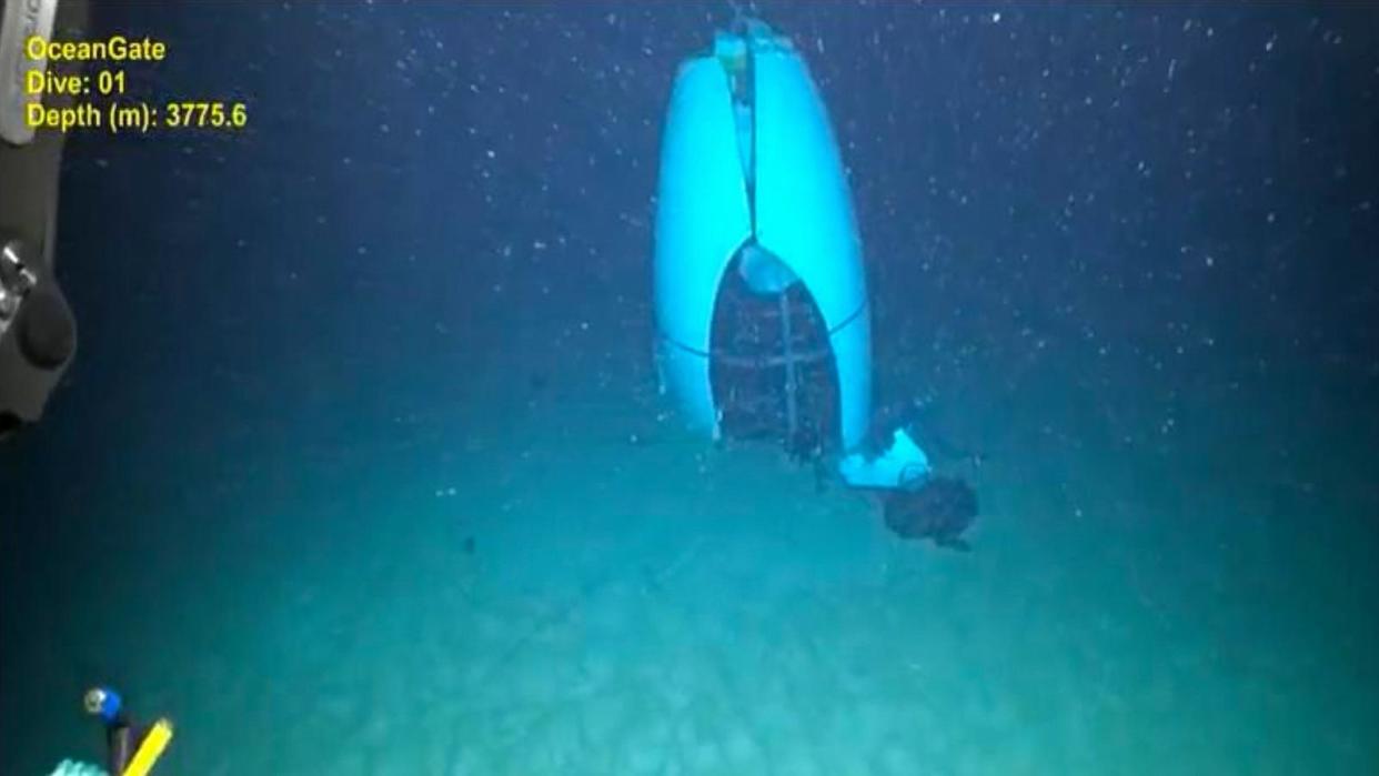 PHOTO: Remotely operated vehicle image of the Titan submersible's tail cone on the Atlantic Ocean floor, presented by the U.S. Coast Guard during a formal maritime council hearing, Sept. 16, 2024, in North Charleston, South Carolina (Pelagic Research Services/U.S. Coast Guard)