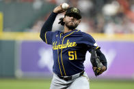 Milwaukee Brewers starting pitcher Freddy Peralta delivers to a Houston Astros batter during the first inning of a baseball game Friday, May 17, 2024, in Houston. (AP Photo/Eric Christian Smith)