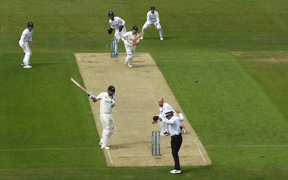 New Zealand batsman Henry Nicholls drives watched by Ben Foakes only to caught by Alex Lees  - Stu Forster/Getty Images