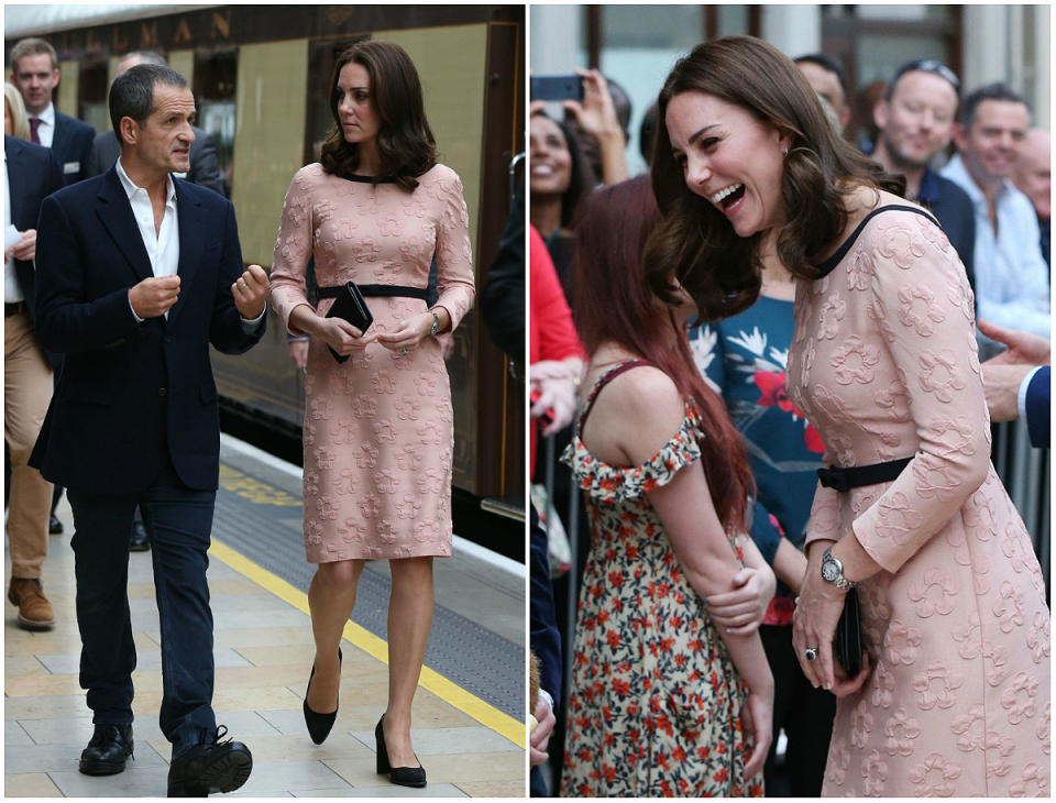 <p><strong>When: October 16, 2017</strong><br>The Duchess, who is expecting her third child, showcased her tiny baby bump at Paddington station on Monday in a fitted floral peach Orla Kiely dress complete with a black belt cinched around her waist. [<em>Photos: PA]</em> </p>