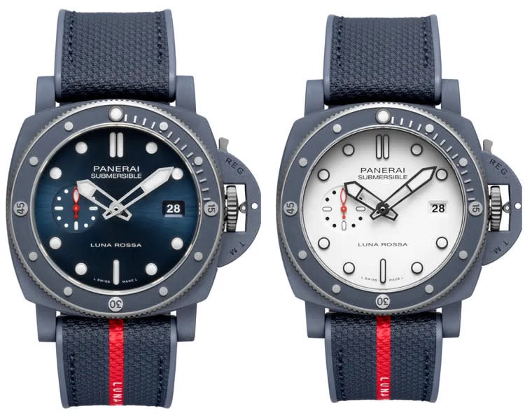 沛納海Submersible QuarantaQuattro Luna Rossa Ti-CeramitechTM錶款（PAM01466/PAM01543），44mm，藍色Ti-Ceramitech鈦金屬陶錶殼，藍色太陽紋/白色霧面粒紋錶面，雙材質橡膠藍色織物錶帶，P.900自動上鏈機械機芯，動力儲存3日，防水深度500米，各51萬元。品牌提供