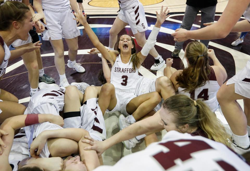 Emma Compton (3), of Strafford, celebrates the Indians 65-62 win over Licking in the Class 3 State Championship game at JQH Arena on Saturday, March 14, 2020.