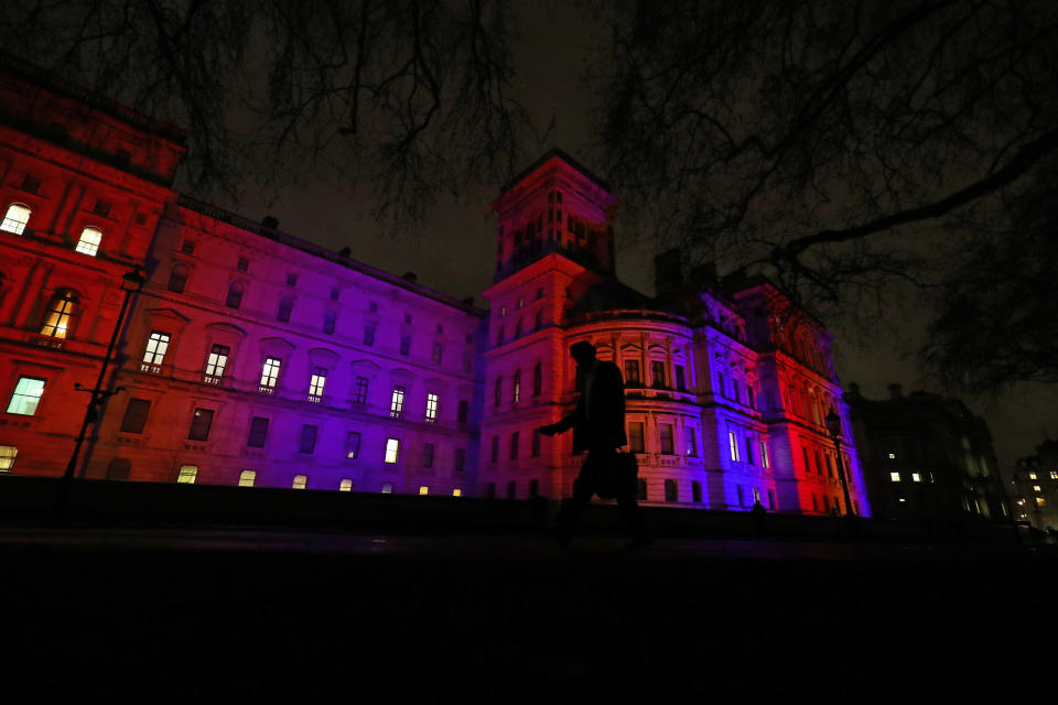 The Union Jack colours are lit up on the Foreign and Commonwealth Office in Westminster