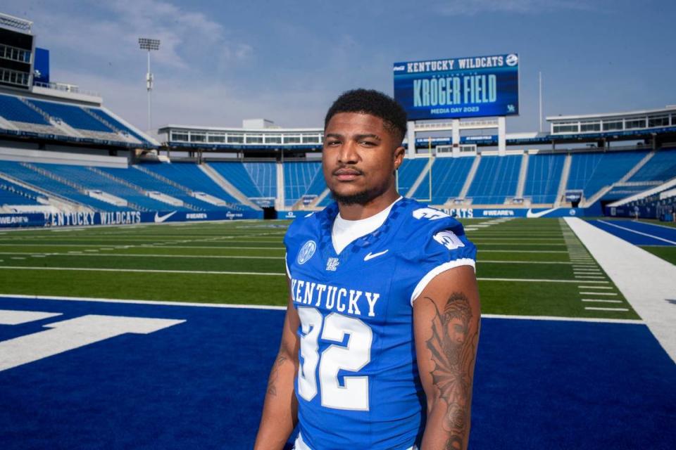 Kentucky linebacker Trevin Wallace (32) was named SEC Defensive Player of the Week after he made 12 tackles in UK’s 44-14 season-opening win over Ball State. The 6-foot-2, 241-pound product of Jesup, Georgia, had seven tackles go for loss, 0 yards or 1 yard.