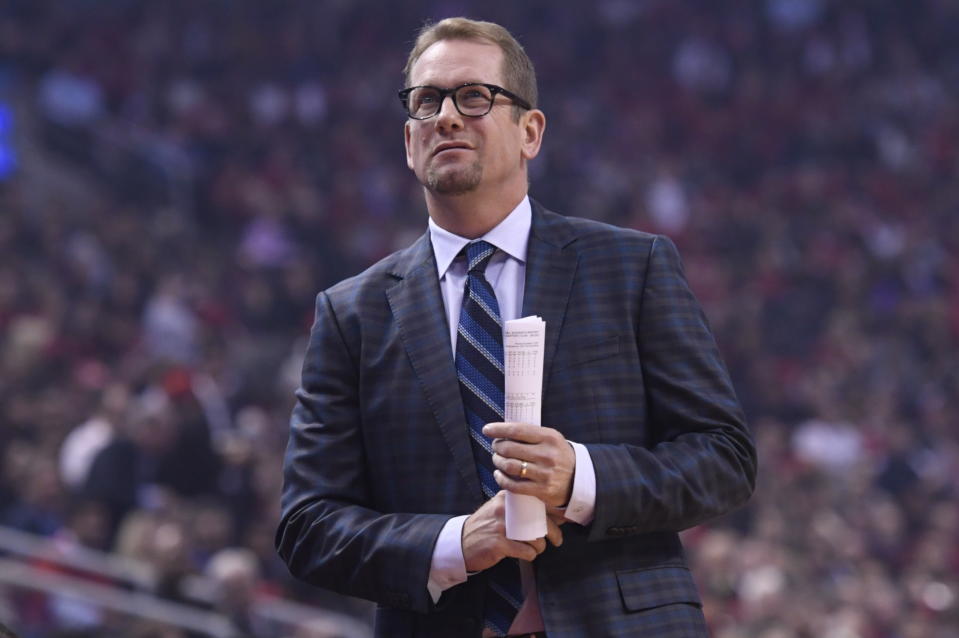 Toronto Raptors head coach Nick Nurse looks on as his team plays the Cleveland Cavaliers in first half NBA basketball action in Toronto on Wednesday, Oct. 17, 2018. (Nathan Denette/The Canadian Press via AP)