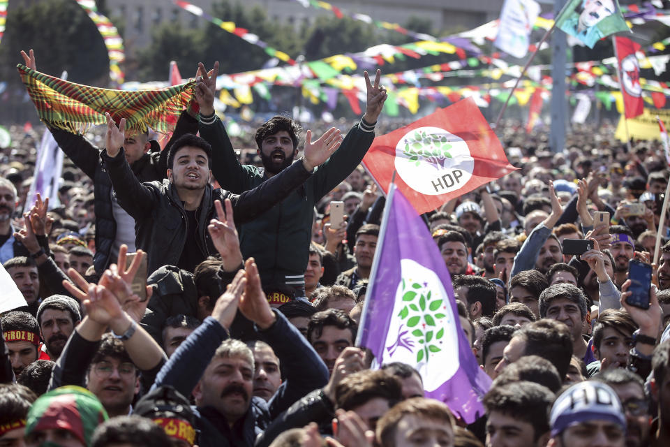 FILE-In this Sunday, March 24, 2019 file photo, some thousands of supporters of pro-Kurdish Peoples' Democratic Party, or HDP, gather to celebrate the Kurdish New Year and to attend a campaign rally in Istanbul, ahead of local elections scheduled for March 31, 2019. Millions of Kurdish votes could be crucial in determining the outcome of the elections being held amid a heavy government crackdown on the HDP for alleged links to outlawed Kurdish militants.(AP Photo/Emrah Gurel, File)