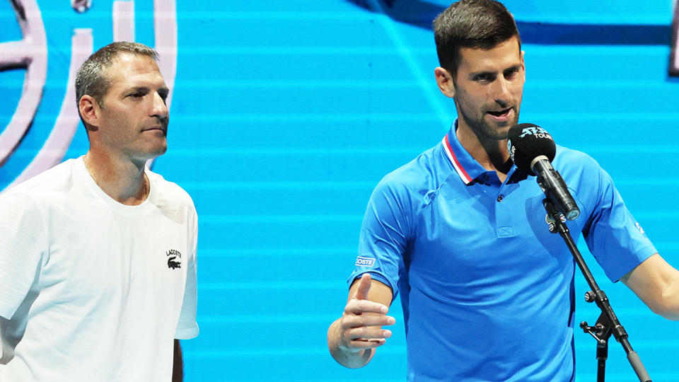 Novak Djokovic, pictured here speaking to the crowd at the Tel Aviv Open alongside Jonathan Erlich.