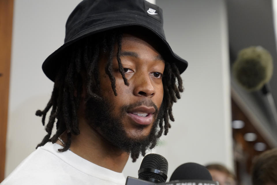 FILE - New England Patriots wide receiver Jakobi Meyers takes questions from reporters in the NFL football team's locker room, Monday, Jan. 9, 2023, at Gillette Stadium, in Foxborough, Mass. Meyers has been New England’s leading producer at the position for three consecutive seasons. But he is an unrestricted free agent for the first time in his career and could command a high price on the open market. (AP Photo/Steven Senne, File)