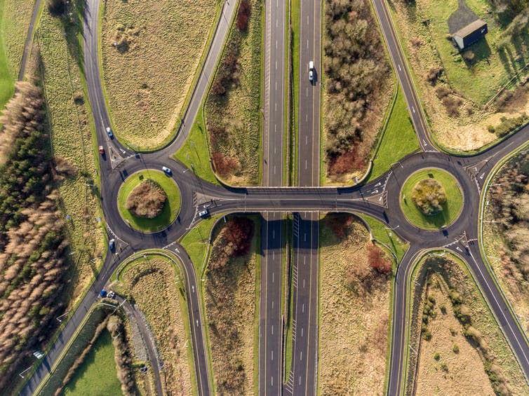 <span class="caption">Big roads and construction projects in Ireland have unearthed a treasure trove of data for archeologists.</span> <span class="attribution"><a class="link " href="https://www.shutterstock.com/image-photo/aerial-birds-eye-view-m7-motorway-1021610398?src=dc9EipyDJBhR_OFqzd6xdQ-1-1" rel="nofollow noopener" target="_blank" data-ylk="slk:Shutterupeira/Shutterstock;elm:context_link;itc:0;sec:content-canvas">Shutterupeira/Shutterstock</a></span>