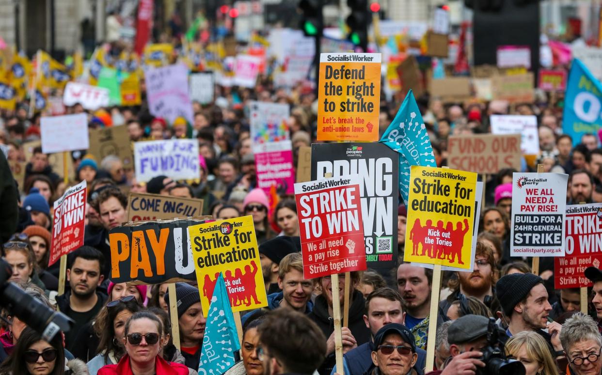 Thousands of the National Education Union (NEU) and Public and Commercial Service (PCS) union members demonstrated in central London yesterday - Getty