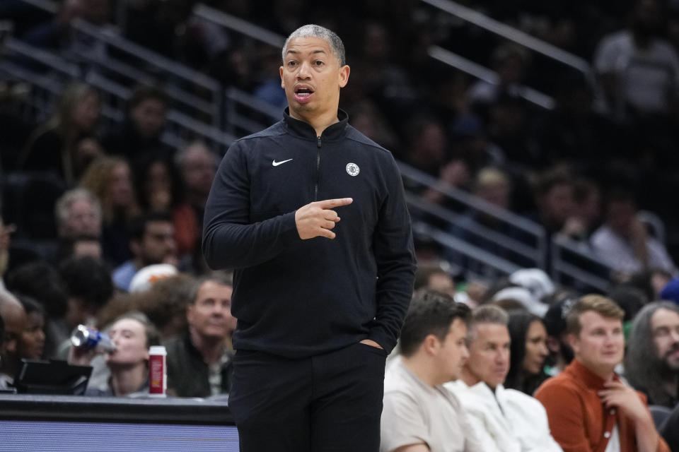 FILE - Los Angeles Clippers head coach Tyronn Lue gestures from the sideline during the second half of a preseason NBA basketball game against the Utah Jazz, Oct. 10, 2023, in Seattle. The Clippers added Russell Westbrook, Mason Plumlee and Bones Hyland last season to fill holes and gives the team so much depth that playing time will be hard to come by. (AP Photo/Lindsey Wasson, File)