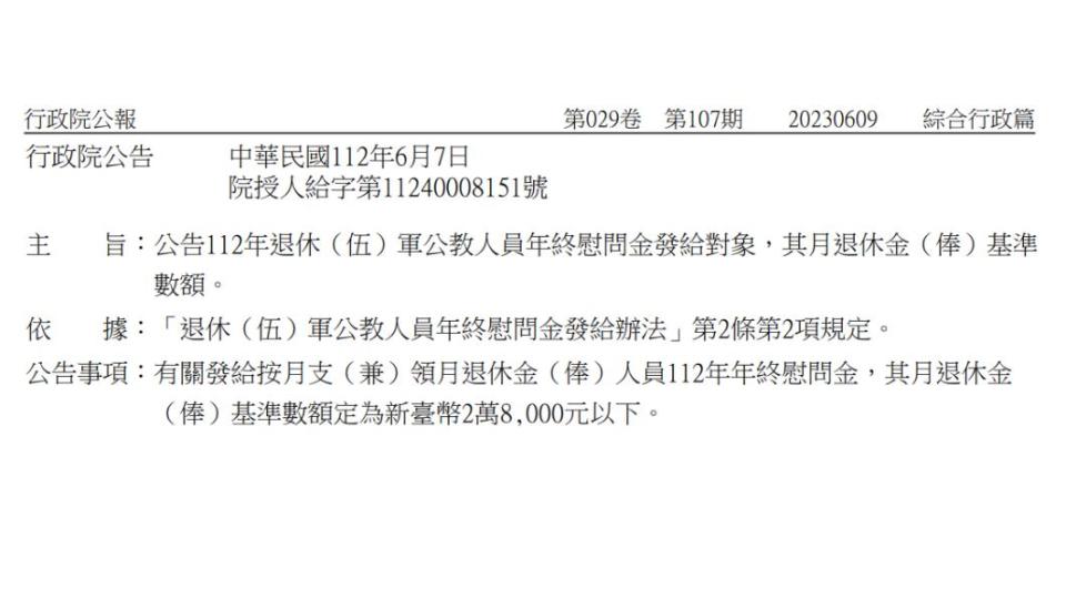 擴大照顧弱勢退休軍公教族群，行政院昨（9日）公告，2023年退休軍公教人員年終慰問金發給對象，其月退休金（俸）基準數額為2.8萬元以下。（示意圖/TVBS資料畫面）