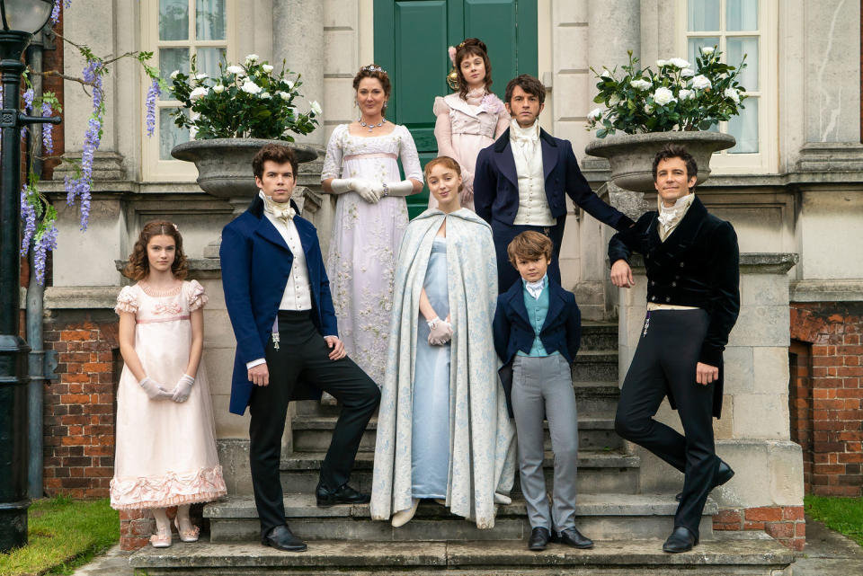 The Bridgerton family in Season One, from left: Florence Hunt as Hyacinth, Luke Newton as Colin, Ruth Gemmell as Lady Violet, Phoebe Dynevor as Daphne, Claudia Jessie as Eloise, Jonathan Bailey as Anthony, Will Tilston as Gregory and Luke Thompson as Benedict. (Netflix)