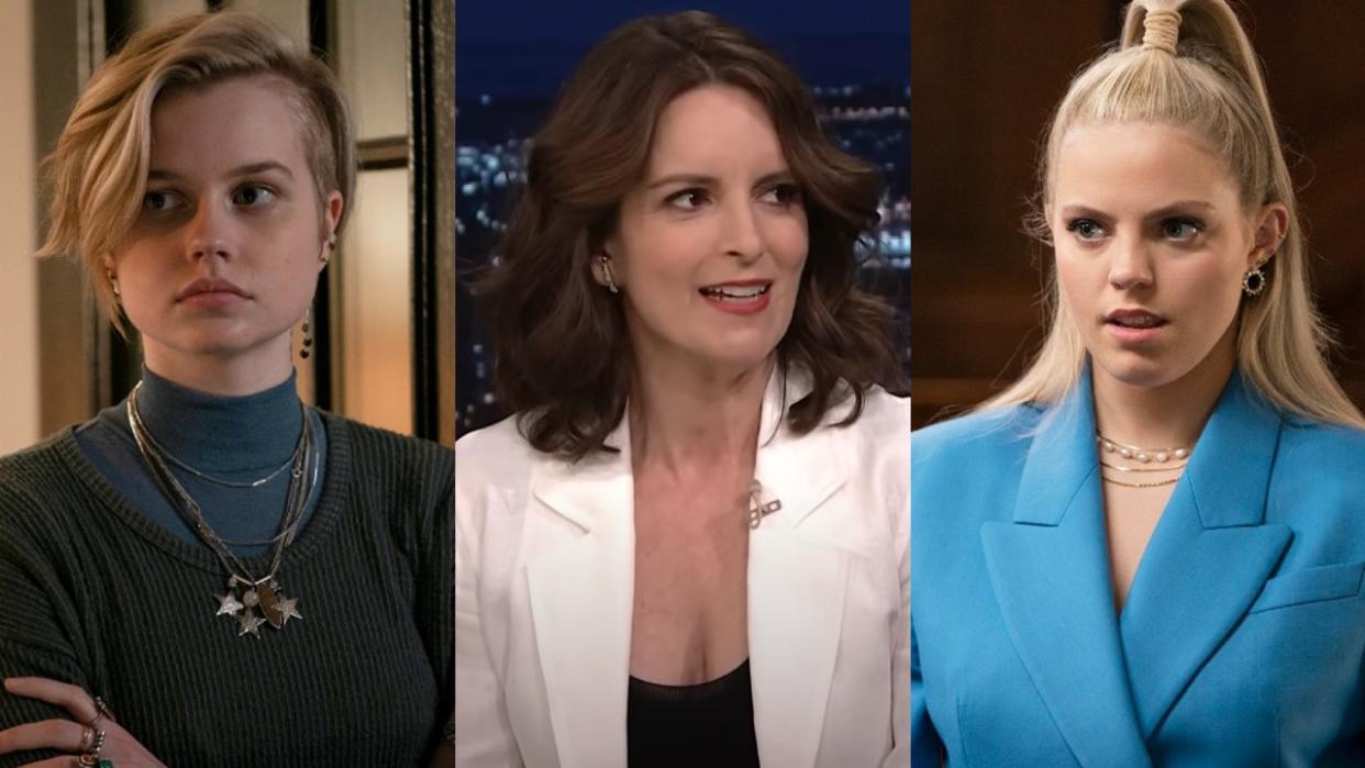  From left to right: Angourie Rice in Mare of Easttown, Tina Fey on the Tonight Show and Reneé Rapp on Sex Lives of College Girls 