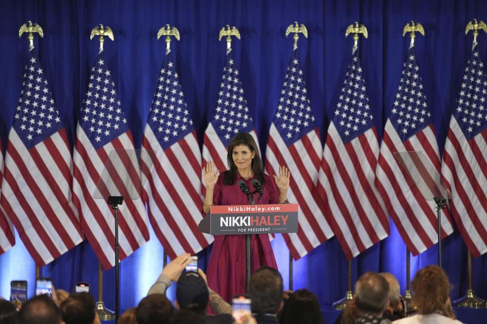 Republican presidential candidate former UN Ambassador Nikki Haley speaks at a caucus night party at the Marriott Hotel in West Des Moines, Iowa, Monday, Jan. 15, 2024. (AP Photo/Abbie Parr)