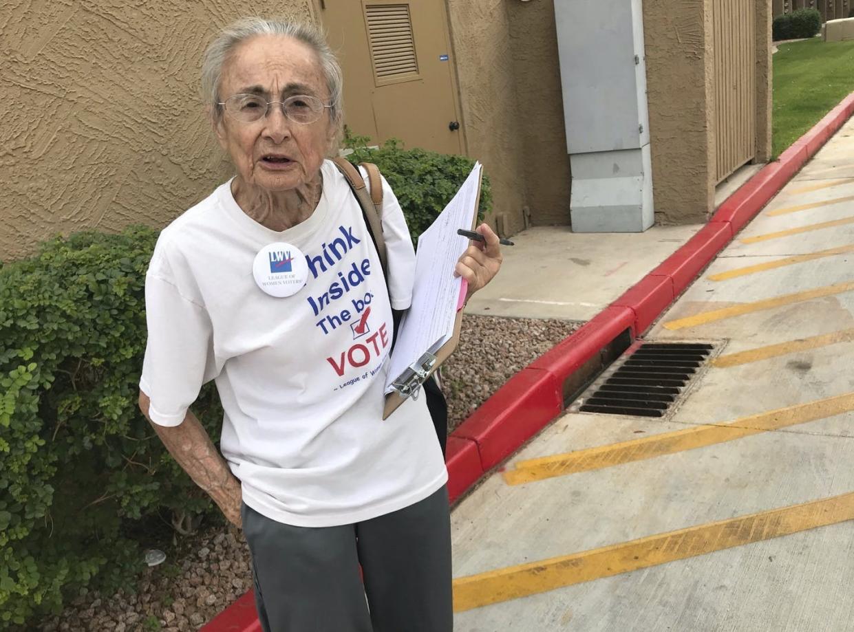 <span class="caption">Rivko Knox, a volunteer with the League of Women Voters in Phoenix, and other voters sued Arizona over a law that bans the third-party collection of early mail-in ballots. The issue is now before the Supreme Court.</span> <span class="attribution"><a class="link " href="https://newsroom.ap.org/detail/BallotCollectionChallenge/be2b2ea6ab874308b92e03d3153438ca/photo?Query=ballot%20collection%20Arizona&mediaType=photo&sortBy=arrivaldatetime:desc&dateRange=Anytime&totalCount=9&currentItemNo=1" rel="nofollow noopener" target="_blank" data-ylk="slk:AP Photo/Anita Snow;elm:context_link;itc:0;sec:content-canvas">AP Photo/Anita Snow</a></span>