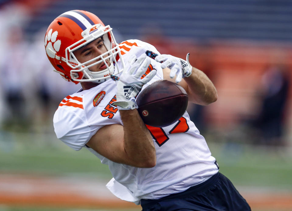 Clemson wideout Hunter Renfrow of Clemson (13) catches a pass during practice for Saturday’s Senior Bowl college football game. (AP)