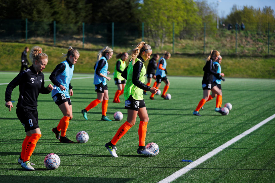 Women of Fylkir Reykjavik warm up for a cup match in Reykjavik, Iceland, June 1, 2018. Picture taken June 1, 2018. REUTERS/Hannibal Hanschke