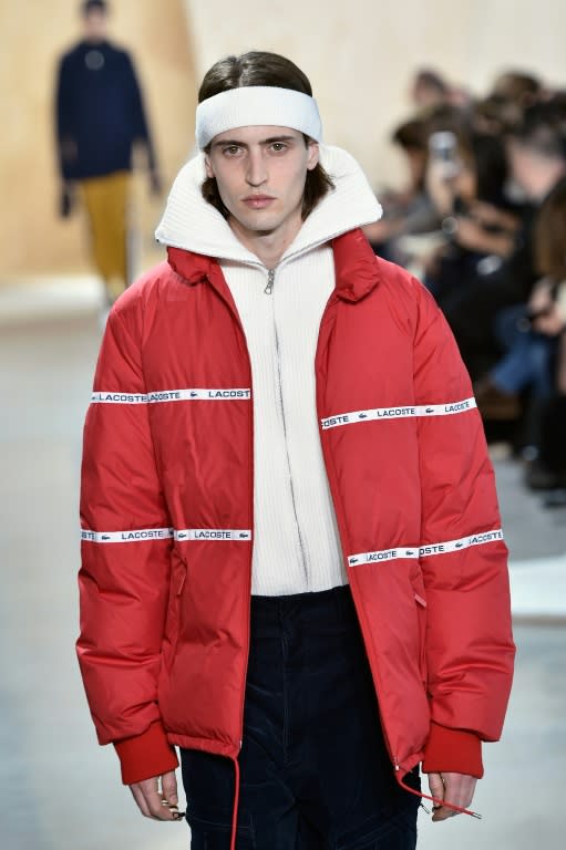 A model walks the runway wearing Lacoste Fall 2016 collection outfits during New York Fashion Week, at Spring Studios, on February 13, 2016