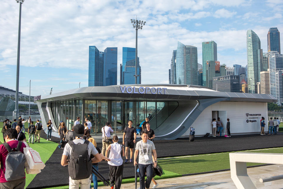 A prototype VoloPort, which provides take-off and landing facilities for air taxis, seen at The Float @ Marina Bay on 21 October 2019. (PHOTO: Dhany Osman / Yahoo News Singapore)