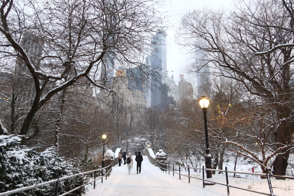 People walk over a pedestrian bridge as snow falls in Central Park. 