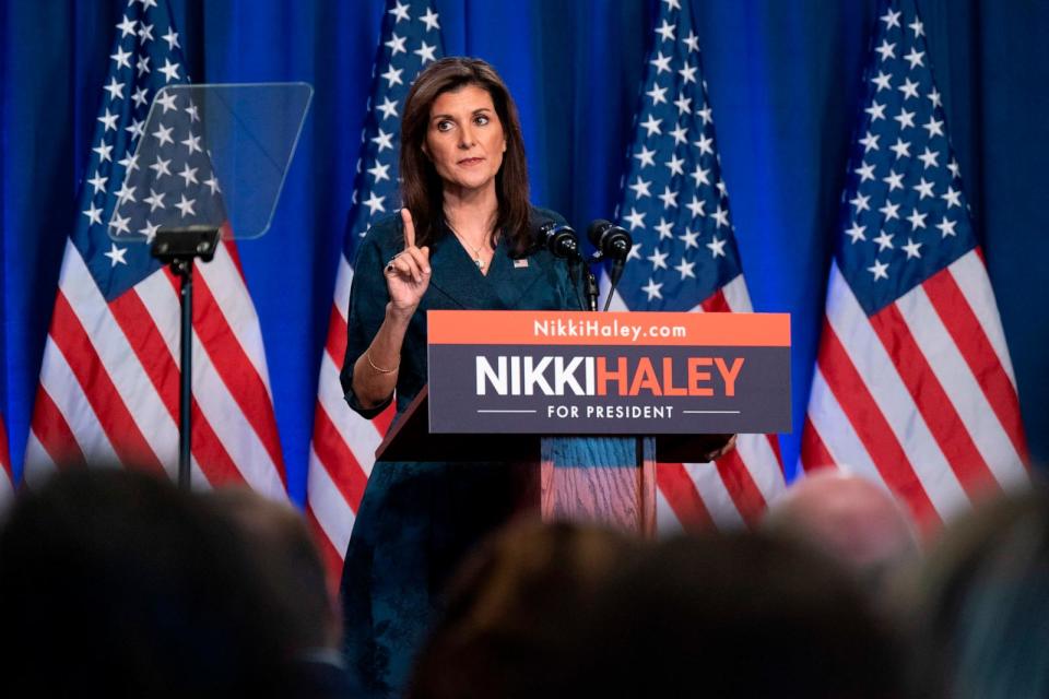 PHOTO: In this Feb. 20, 2024, file photo, Republican presidential candidate, former U.N. Ambassador Nikki Haley, speaks at a campaign event at Clemson University at Greenville, in Greenville, S.C. (Allison Joyce/Getty Images, FILE)