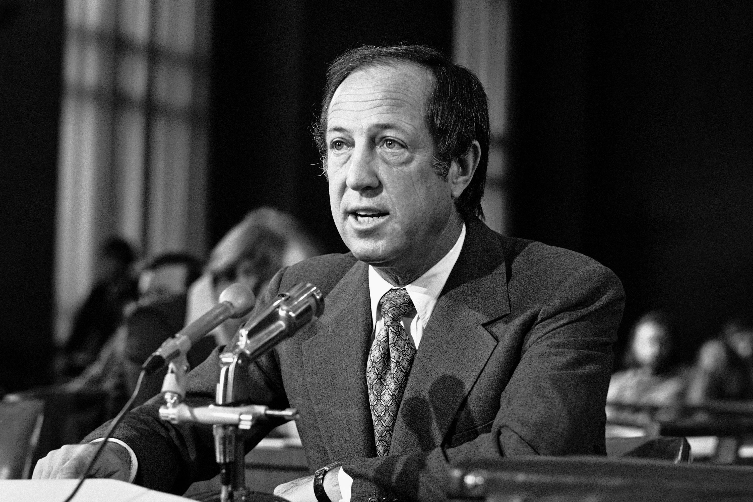 NFL Football Commissioner Pete Rozelle, testifys before the National Gambling Commission in Washington on Wednesday, Feb. 20, 1975 on the legalization of sports gambling. Rozelle told the panel that legalized wagering poses a severe threat to the game. (AP Photo/HLG)