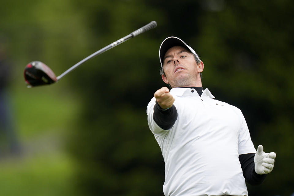 Rory McIlroy, of Northern Ireland, reacts after a poor drive on the 17th hole during the third round of the PGA Championship golf tournament at Oak Hill Country Club on Saturday, May 20, 2023, in Pittsford, N.Y. (AP Photo/Seth Wenig)