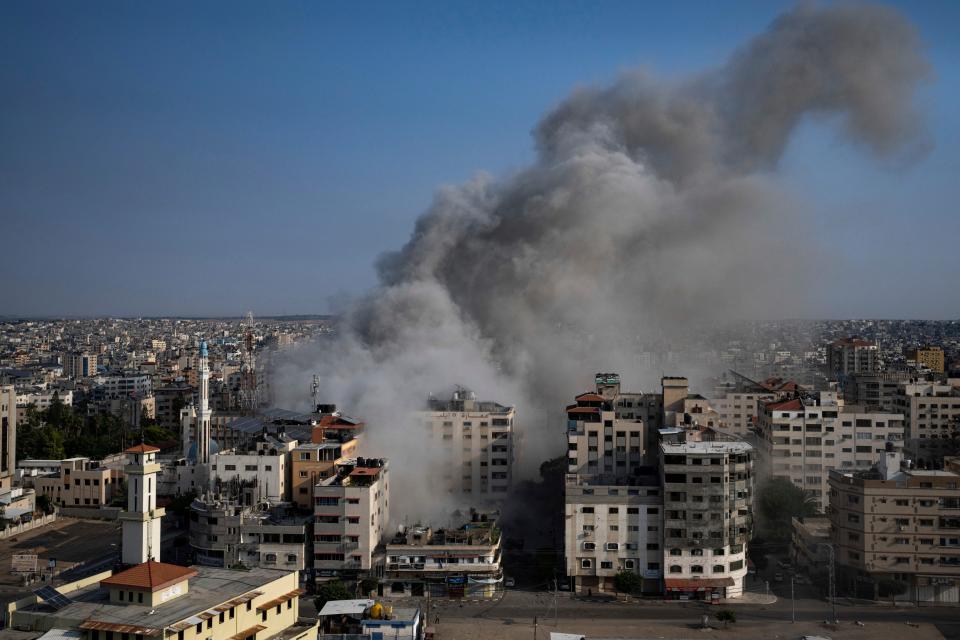 Smoke rises following an Israeli airstrike, in Gaza City, Sunday, Oct. 8, The militant Hamas rulers of the Gaza Strip carried out an unprecedented, multi-front attack on Israel at daybreak Saturday. (Credit: Fatima Shbair/Associated Press)