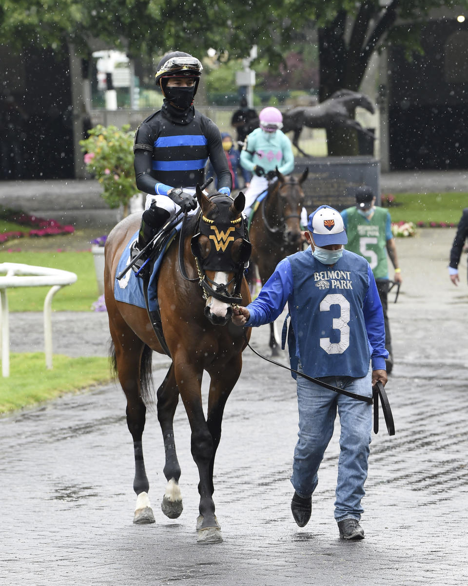 In this photo provided by the New York Racing Association, Fauci, jockey Tyler Gaffalione up, is led from the paddock to the track for a horse race at Belmont Park in Elmont, N.Y., Wednesday, June 3, 2020. The racehorse named for Dr. Anthony Fauci finished second in his debut. The 2-year-old colt was beaten by a horse named Prisoner in the third race. (Adam Coglianese/NYRA via AP)