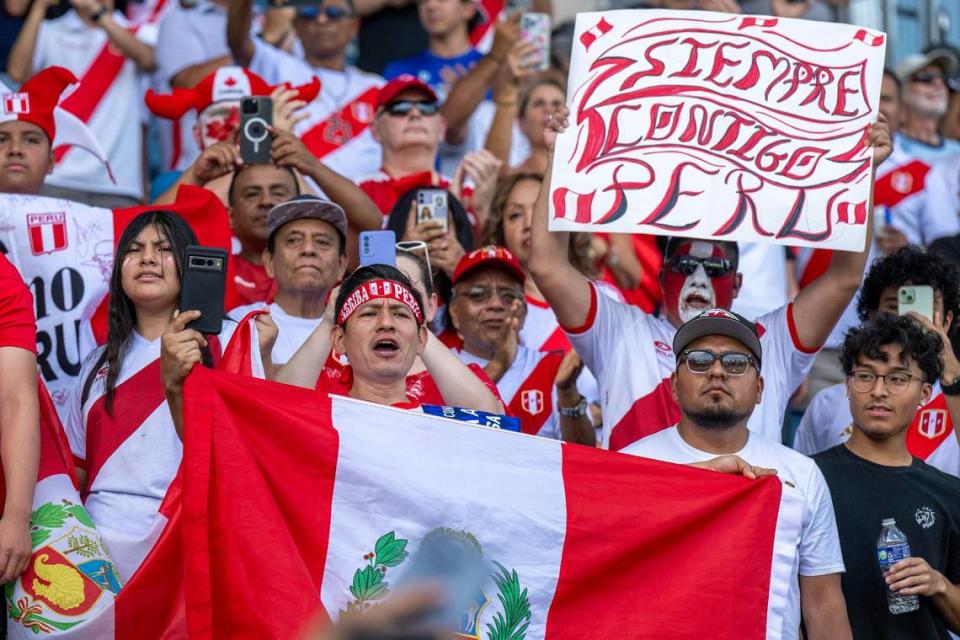 Peru fans sing along to the national anthem of Peru before the start of a Group A Copa America 2024 match against Canada at Children’s Mercy Park on Tuesday, June 25, 2024, in Kansas City, Kansas.