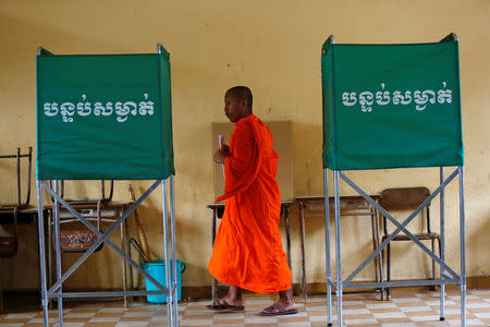 A Buddhist monk votes at a polling station during the general election in Phnom Penh, Cambodia July 29, 2018. REUTERS/Samrang Pring