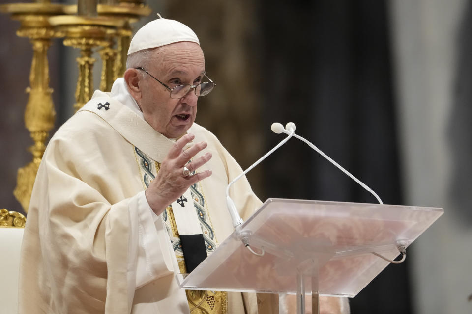 Pope Francis delivers his speech as he celebrates Mass on the occasion of the Christ the King festivity, in St. Peter's Basilica at the Vatican, Sunday, Nov. 21, 2021. (AP Photo/Andrew Medichini)