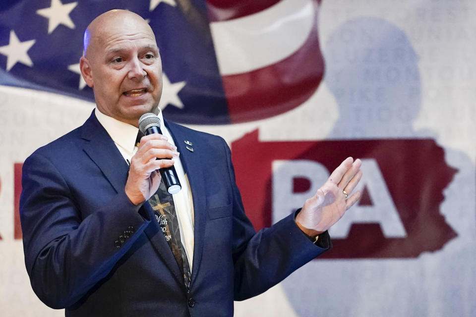 FILE - State Sen. Doug Mastriano, R-Franklin, a Republican candidate for Governor of Pennsylvania, speaks at a primary night election gathering in Chambersburg, Pa., Tuesday, May 17, 2022. Mastriano, now Pennsylvania’s GOP nominee for governor, who was seen outside the Capitol on Jan. 6, spent thousands of dollars of campaign cash on charter buses ahead of the event, and was in regular communication with Donald Trump as the then-president sought to deny Joe Biden's victory. (AP Photo/Carolyn Kaster, File)