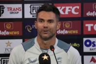 England's James Anderson speaks during a press conference following a training session, in Rawalpindi, Pakistan, Tuesday, Nov. 29, 2022. (AP Photo/Anjum Naveed)