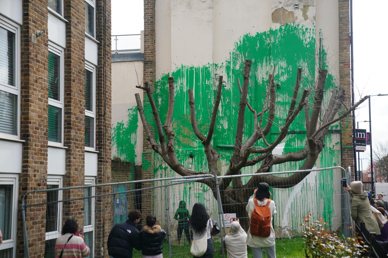 The Banksy artwork which has been defaced with white paint after it appeared over the weekend on the side of a residential building on Hornsey Road in Finsbury Park, London. Bright green paint has been sprayed on the building, in front of a cut-back tree, creating the impression of being its foliage. A stencil of a person holding a pressure hose has been sketched onto the building as well. The vivid paint colour matches that used by Islington Council for street signs in the area. Picture date: Wednesday March 20, 2024. (Photo by Victoria Jones/PA Images via Getty Images)