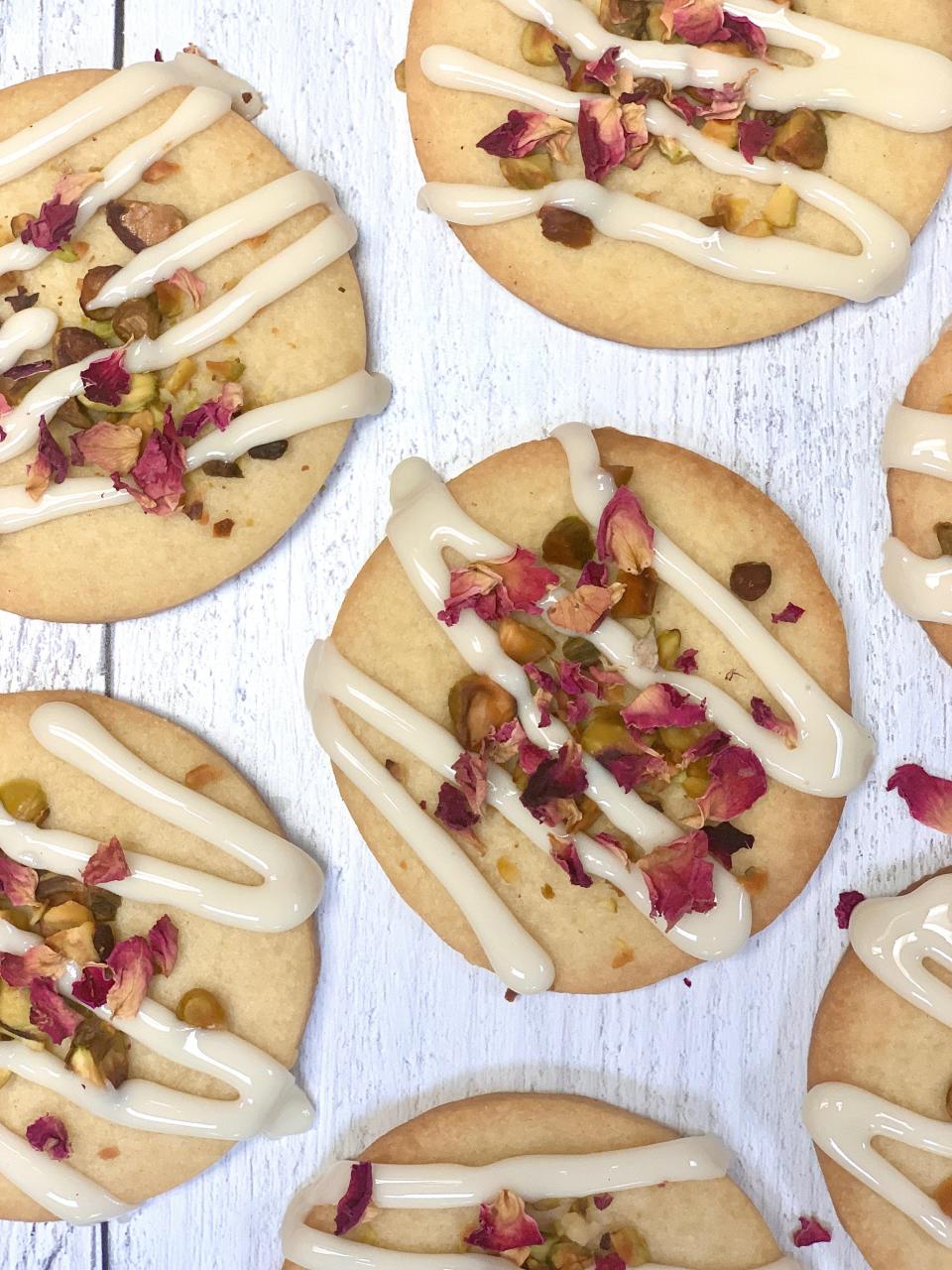 These cookies from Yellow Rose Vegan are garnished with edible flowers and pistachios.