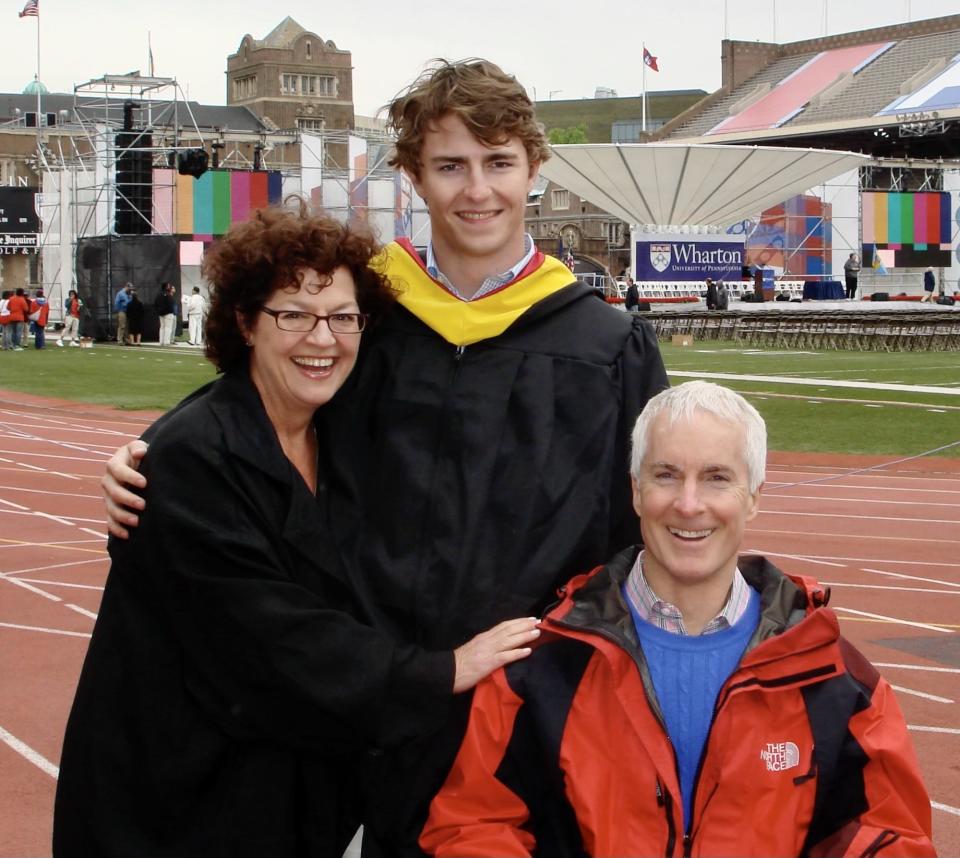 Cory Sullivan (center) celebrates his 2009 graduation from The Warton School at Penn with his mother Cynthia and his father John, who passed away of ALS later that year. Sullivan and Alex Litt will play 100 holes of golf in Austin, Texas, on June 19 to raise ALS awareness.