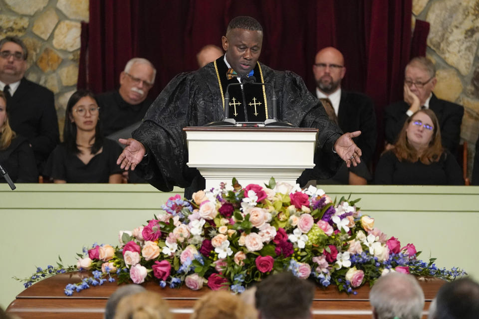 Pastor Tony Lowden gives the eulogy during the funeral service for former first lady Rosalynn Carter at Maranatha Baptist Church, Wednesday, Nov. 29, 2023, in Plains, Ga. The former first lady died on Nov. 19. She was 96. (AP Photo/Alex Brandon, Pool)