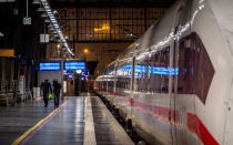 A train is parked in the central train station in Frankfurt, Germany, Friday, Dec. 8, 2023, when train drivers of the GDL union went on a 24-hour-strike. (AP Photo/Michael Probst)