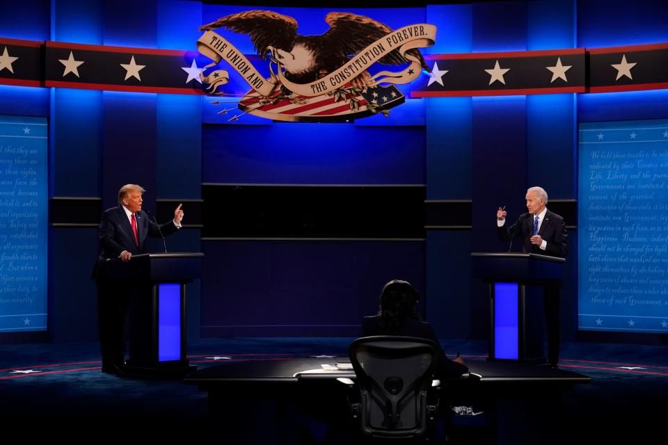 President Donald Trump, left, and Democratic presidential candidate former Vice President Joe Biden during the second and final presidential debate Thursday, Oct. 22, 2020, at Belmont University in Nashville, Tenn.