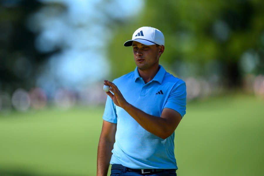 Ludvig Aberg of Sweden waves on the No. 10 green during the third round of the 2024 Masters Tournament at Augusta National Golf Club, Saturday, April 13, 2024. (Photo courtesy: Augusta National Golf Club)