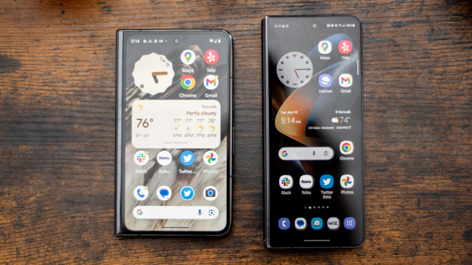 Samsung Galaxy Z Fold 4 and Google Pixel Fold showing differences between apps on each phone including Twitter and Chrome browser