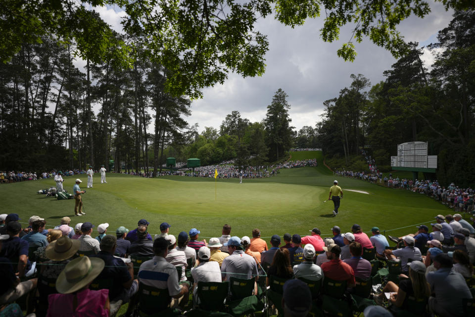 Rory McIlroy, of Northern Ireland, lines up a putt on the sixth hole during the first round of the Masters golf tournament at Augusta National Golf Club on Thursday, April 6, 2023, in Augusta, Ga. (AP Photo/Matt Slocum)